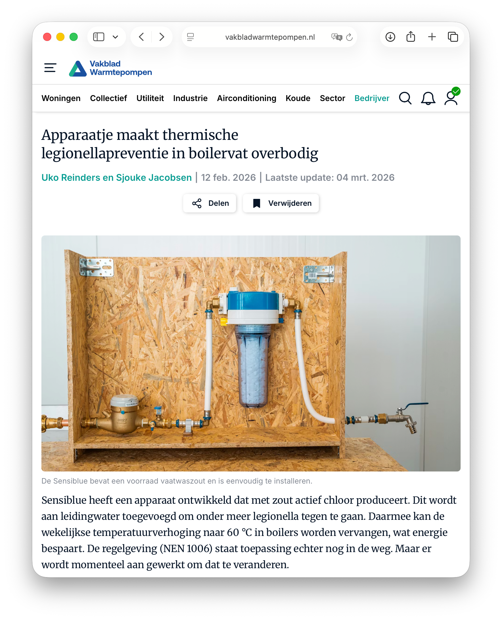 Article in Vakblad Warmtepompen (Heat pump industry publication)